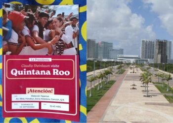 MITIN DE SHEINBAUM: Reparten militantes de morena volantes en Cancún