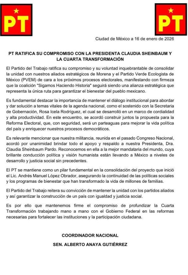 REFORMA ELECTORAL: Ratifica PT respaldo a Claudia Sheinbaum y cierra filas con la 4T 1 PT2