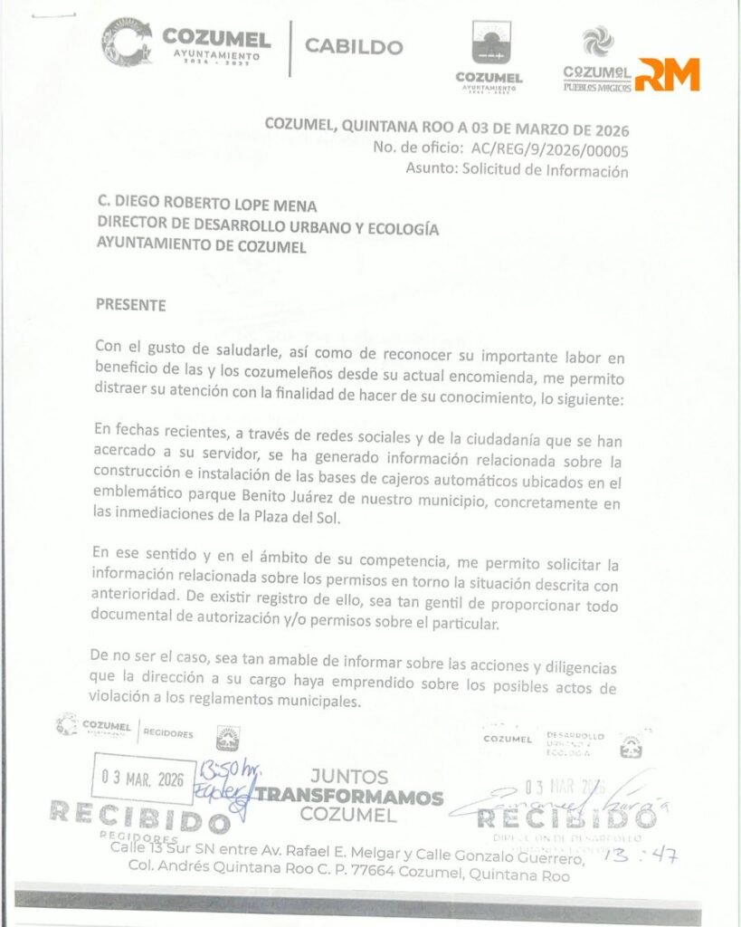 COZUMEL: Cuestiona regidor instalación de cajeros en el parque Benito Juárez (VIDEO) 1 646676766 893877073258407 104345053059406251 n