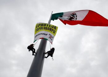 Greenpeace ocupa el asta del Zócalo contra la megaplanta de Topolobampo