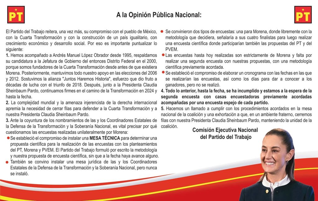 MORENA INCUMPLIÓ ACUERDOS: PT exige segunda encuesta para coordinadores 1 WhatsApp Image 2026 09 23 at 10.22.47 AM